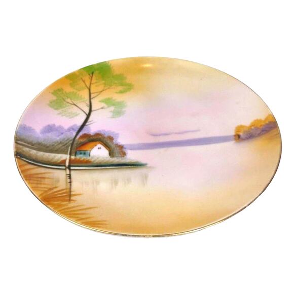 Vintage Meito China Hand Painted Landscape Plate Frank J Donahoe Sunset Hut - Picture 2 of 7